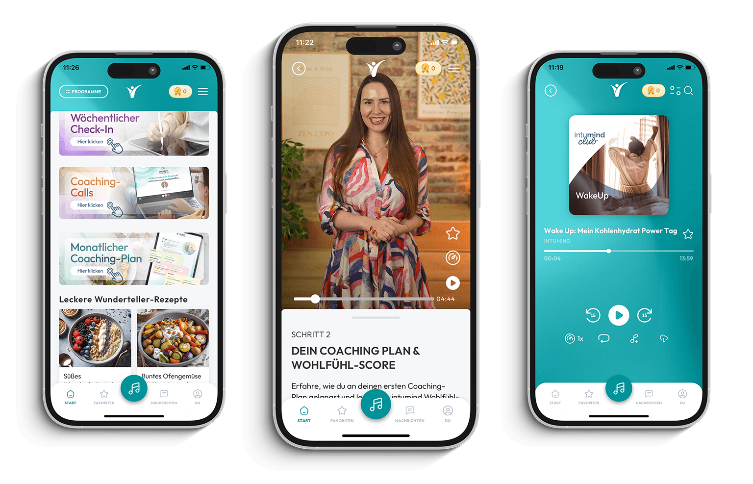 Drei Ansichten der intumind App: Startseite, Programme und Inhalte