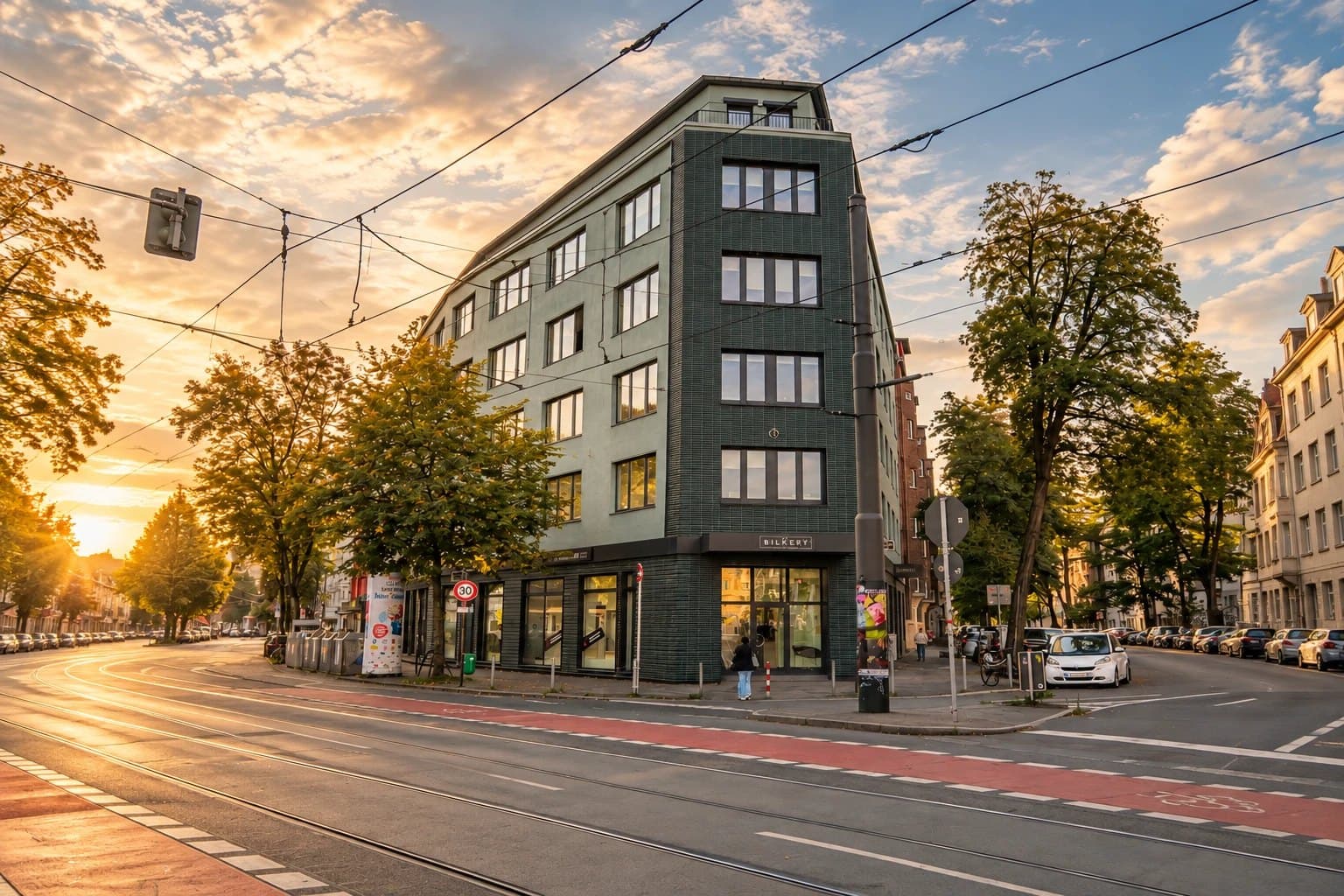 Das Gebäude The Bilkery an der Ecke Bilker Allee und Benzenbergstraße im Abendlicht
