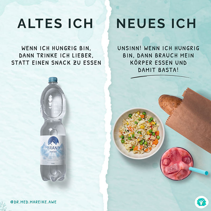 Wasser trinken zum Abnehmen vs. bei echtem Hunger essen.